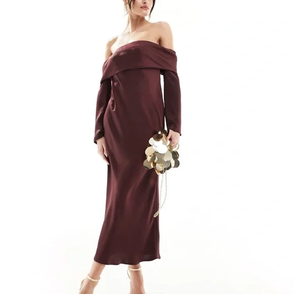 ASOS | Dresses | Asos Design Satin Bardot Layered Midi Dress With Long  Sleeves In Wine | Poshmark